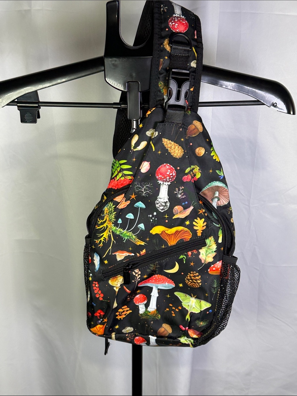 Black Mushroom-Print Sling Bag with Multi-Color Accents